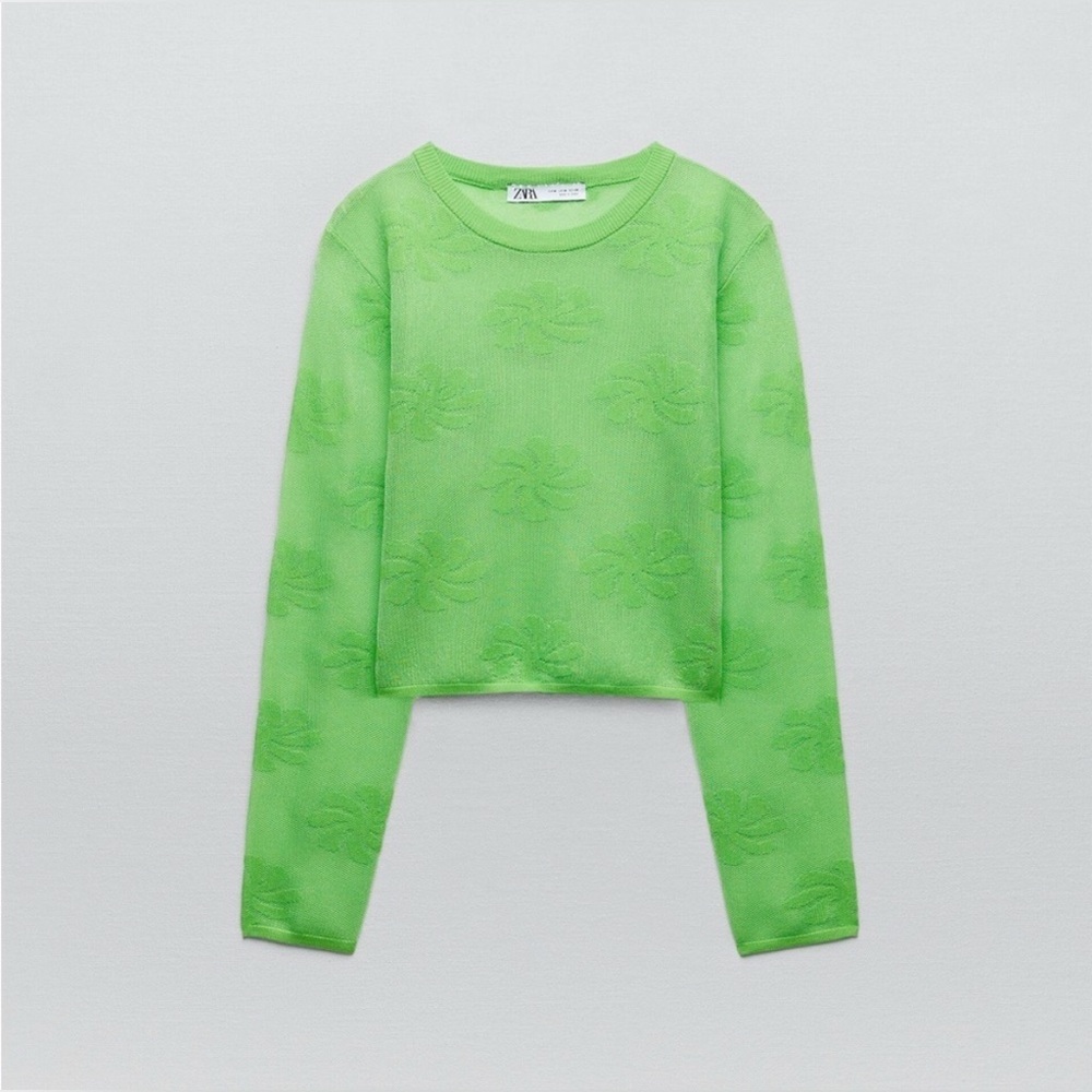 Zara Floral Knit Shimmer Textured Crop Top Sweater Green S